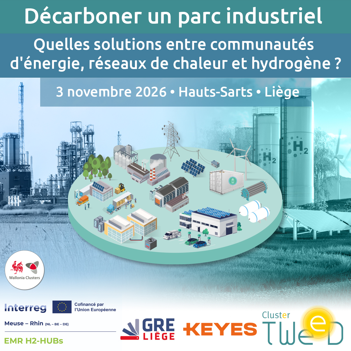 Affiche Décarboner un parc industriel : quelles solutions entre communautés d'énergie, réseaux de chaleur et hydrogène ? • 3 novembre 2026