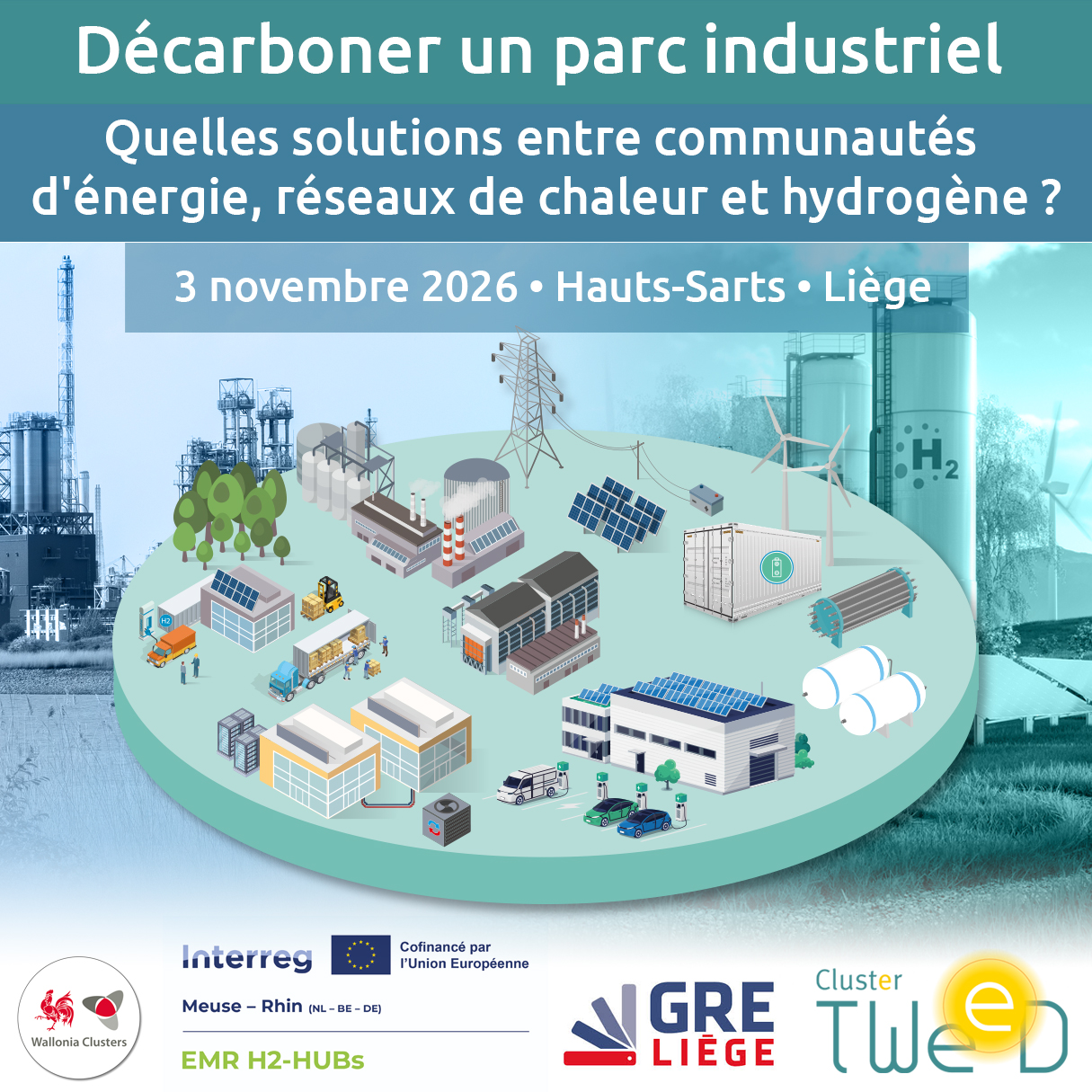 Affiche Décarboner un parc industriel : quelles solutions entre communautés d'énergie, réseaux de chaleur et hydrogène ? • 3 novembre 2026