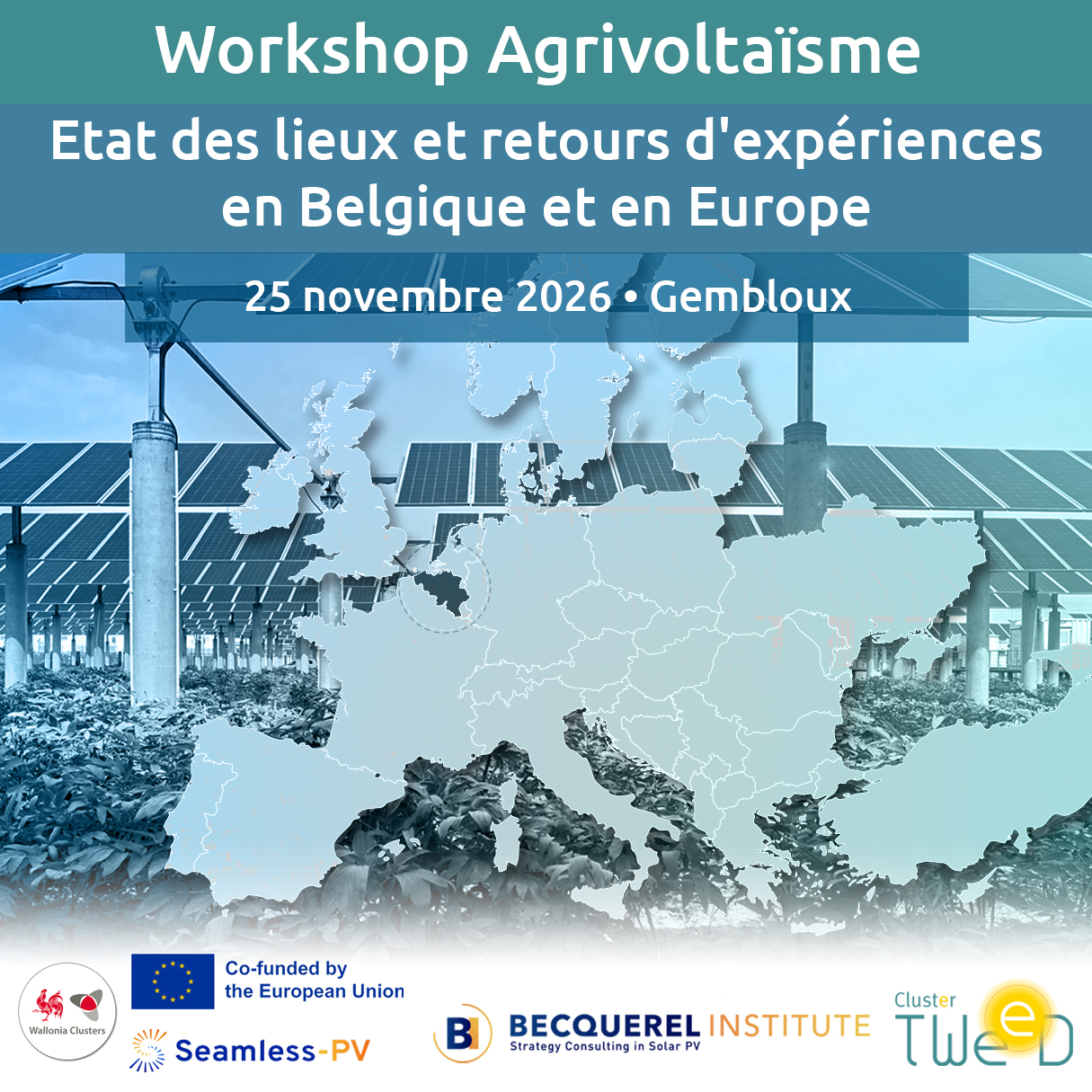 Affiche Workshop Agrivoltaïsme • Etat des lieux et retours d'expériences en Belgique et en Europe • 25 novembre 2026