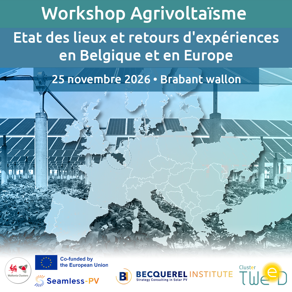 Affiche Workshop Agrivoltaïsme • Etat des lieux et retours d'expériences en Belgique et en Europe • 25 novembre 2026